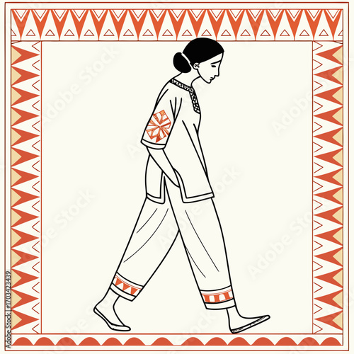 Woman in traditional attire walking with decorative border isolated on white