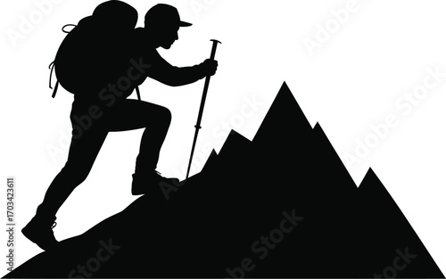 Silhouette hiker climbing rocky mountain peak vector