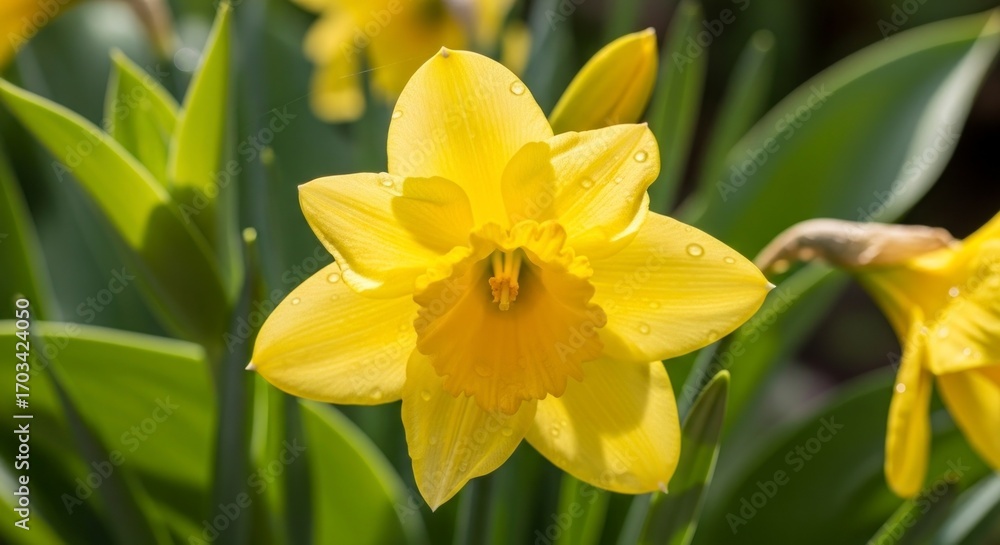 Obraz premium Vibrant yellow daffodils with dew drops, showcasing the beauty of spring.
