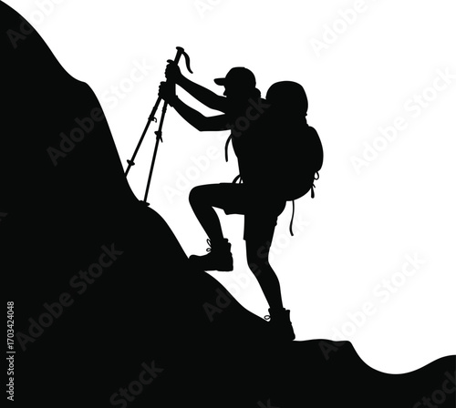 Hiker climbing steep rocky slope mountain