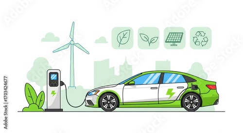 A green electric vehicle is charging at a sustainable energy station.