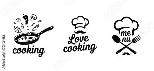 Stylized Black and White Cooking Vector Set ? Chef Hat, Mustache, Frying Pan, Spoon, Fork, and Typography for Culinary Branding, Restaurant Menu Design, and Kitchen Decor