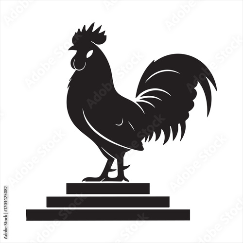 Majestic black rooster silhouette standing proudly on steps iconic farmyard animal symbol of dawn