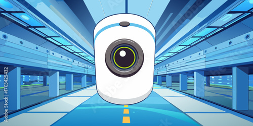 A modern, high-definition security camera mounted indoors, with a sleek white cylindrical design. The camera is in sharp focus, angled slightly downward as if monitoring the area. The background is a 