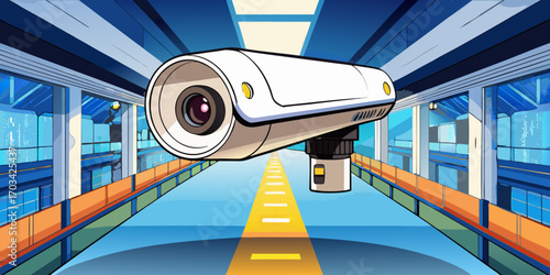 A modern, high-definition security camera mounted indoors, with a sleek white cylindrical design. The camera is in sharp focus, angled slightly downward as if monitoring the area. The background is a 