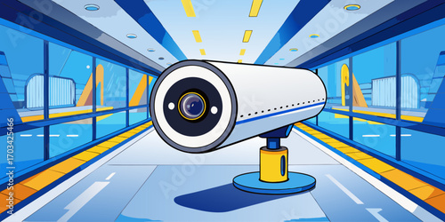 A modern, high-definition security camera mounted indoors, with a sleek white cylindrical design. The camera is in sharp focus, angled slightly downward as if monitoring the area. The background is a 