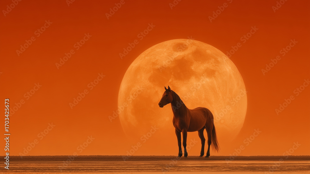Fototapeta premium Majestic red fire horse symbol of 2026 at fiery sunset