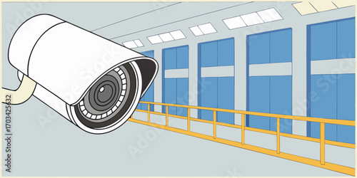 A modern, high-definition security camera mounted indoors, with a sleek white cylindrical design. The camera is in sharp focus, angled slightly downward as if monitoring the area. The background is a 
