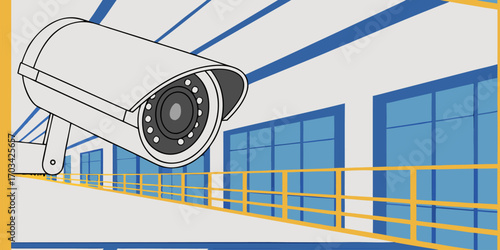 A modern, high-definition security camera mounted indoors, with a sleek white cylindrical design. The camera is in sharp focus, angled slightly downward as if monitoring the area. The background is a 