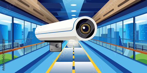 A modern, high-definition security camera mounted indoors, with a sleek white cylindrical design. The camera is in sharp focus, angled slightly downward as if monitoring the area. The background is a 
