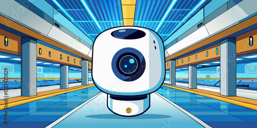 A modern, high-definition security camera mounted indoors, with a sleek white cylindrical design. The camera is in sharp focus, angled slightly downward as if monitoring the area. The background is a 