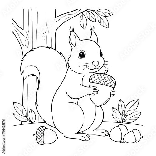 A cute squirrel holding a large acorn sitting near a tree trunk surrounded by leaves and multiple acorns on the ground