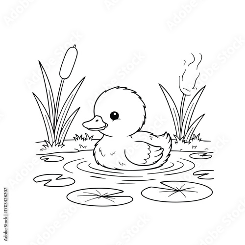Cute baby duckling swimming peacefully in a pond surrounded by water lilies and tall aquatic plants in black and white