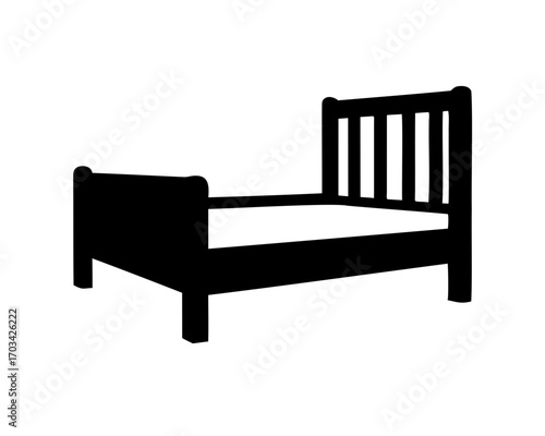 Solid black silhouette of a simple bed on a white background