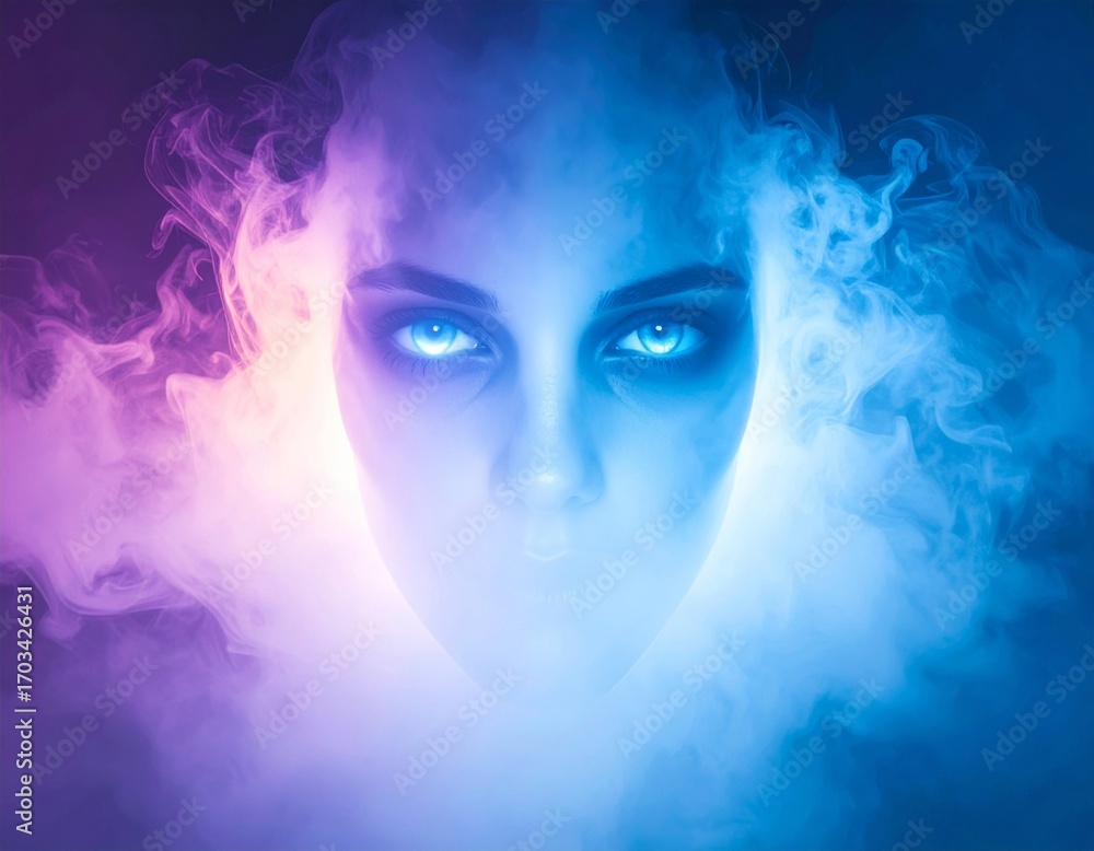Fototapeta premium Portrait of a Beautiful Woman with Glowing Eyes Surrounded by Blue and Magenta Smoke