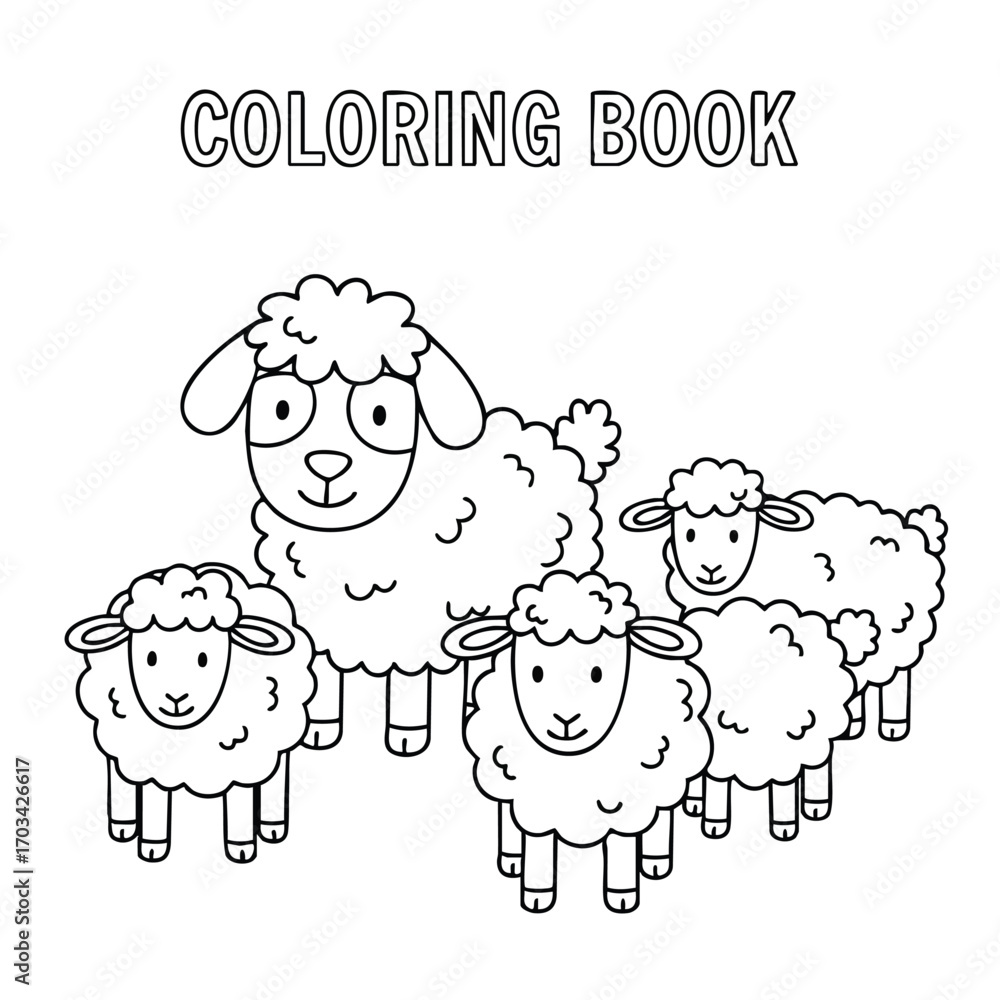 Obraz premium Black and white coloring book illustration of a cute fluffy sheep family with four lambs standing together
