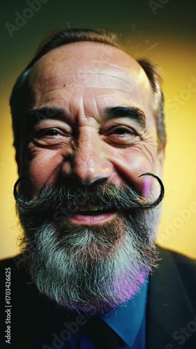 Senior man with styled mustache and beard smiling, vibrant Movember