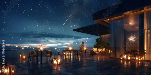 Romantic rooftop terrace under a starry night sky with glowing lanterns and distant city lights.