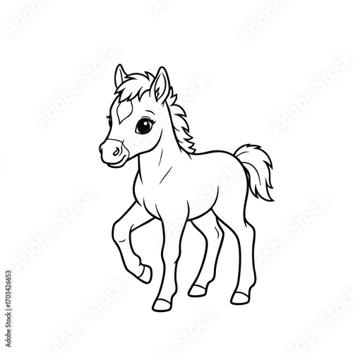 Cute cartoon foal with large eyes and a playful stance outlined in black and white line art style