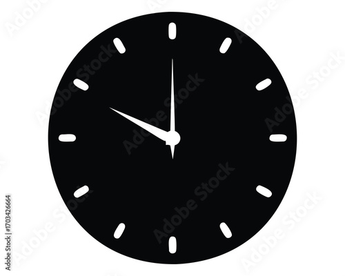 Black and white image depicts a stylized clock face showing the time