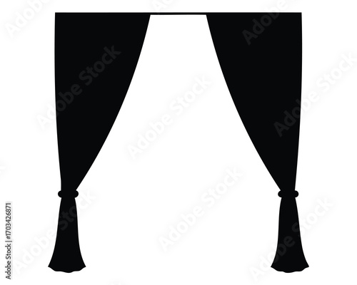 Elegant black window curtains silhouette with tie backs illustration on white background