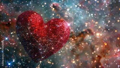 Glittering red heart floating in a cosmic background filled with stars and nebulae, symbolizing love