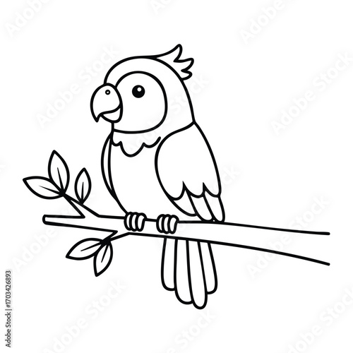 Black and white line drawing of a parrot perched on a leafy branch with detailed feathers and a curved beak