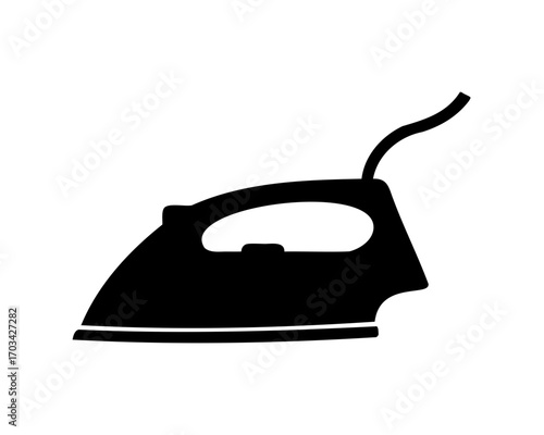 Isolated black silhouette of a clothes iron with cord on a white background