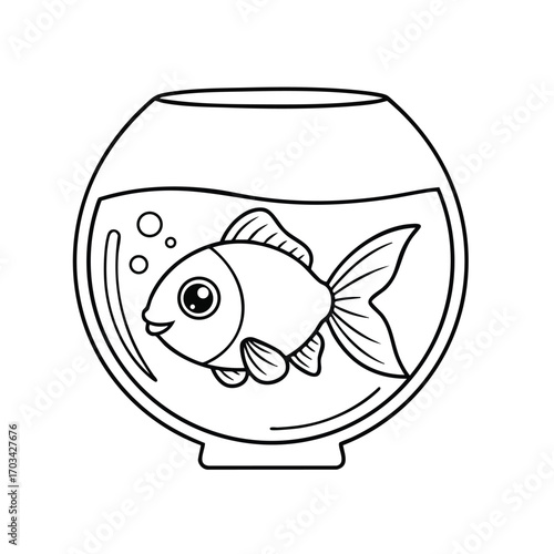 A simple black and white line drawing of a happy fish swimming inside a round fishbowl with bubbles and water details