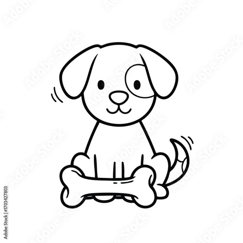 Cute cartoon dog sitting happily with a wagging tail holding a large bone in front of it in black and white