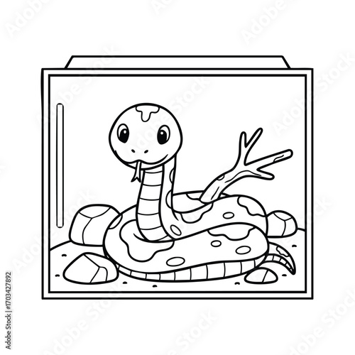 A cute cartoon snake coiled inside a terrarium with rocks and a branch in a simple black and white line art style