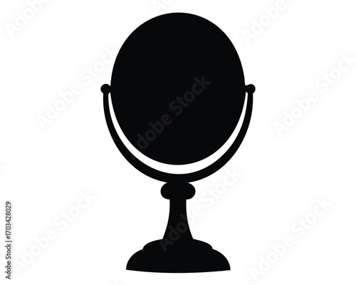 Silhouette of vintage vanity mirror with ornate pedestal on white background