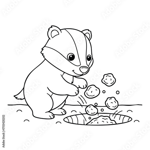 A cute cartoon badger playing with dirt clumps near a hole in the ground in a simple black and white line art style