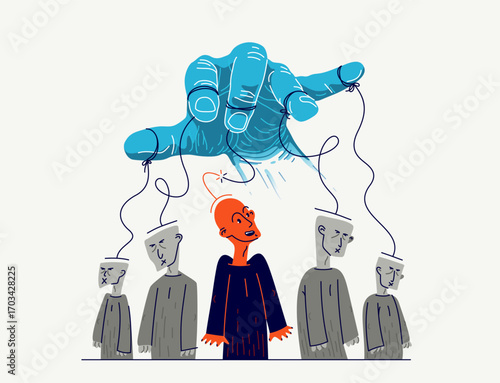 Hand of a toxic manipulator controls his victims and one person has freed from control, social manipulations and independence, vector illustration of psychological manipulation.