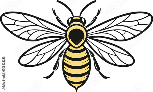 Realistic bee in flight insect illustration. Flying bee realistic artwork design. Bee in flight detailed insect artwork. Realistic honey bee flying insect design. Bee in motion realistic closeup