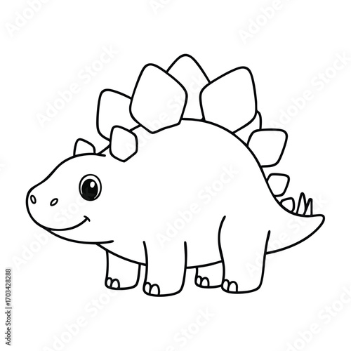 Cute smiling stegosaurus dinosaur cartoon outline drawing with plates on back and small tail spikes