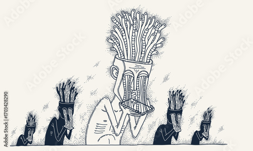 Mobile phone internet addiction, vector illustration of addicted man holding a phone with worms growing from it, brain damaging and degradation.