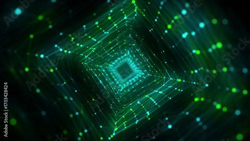 Technology wireframe square tunnel on green background. Futuristic 3D wormhole grid. Big data visualization. 3D rendering.
