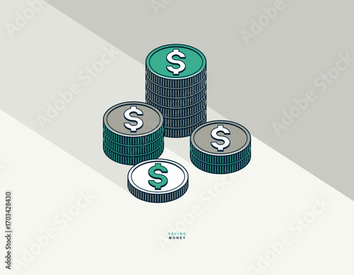 Saving money concept poster, vector icon type illustration of a coin stack, economy and savings, income and revenue, cash money growth.