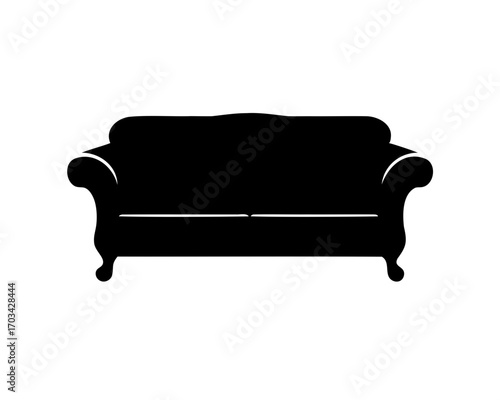 Solid black silhouette illustration of vintage couch with rounded arm rests