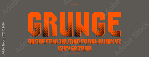 Halftone dotted geometric brutal and bold typeface for logos and posters, vector urban industrial font, modern display typography in cyberpunk futuristic style.