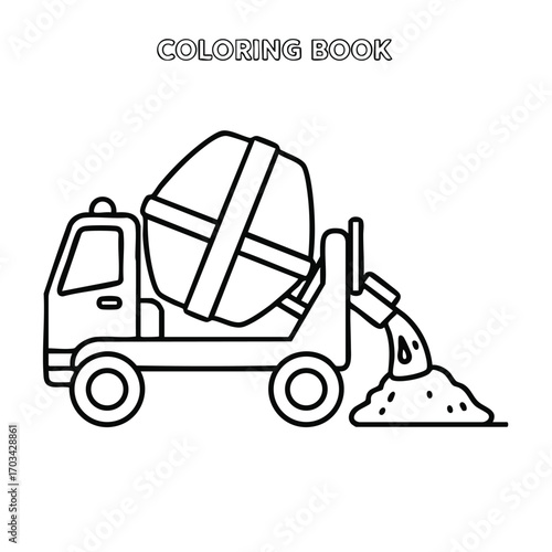 Black and white line drawing of a concrete mixer truck pouring cement for construction in a coloring book style illustration