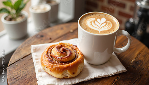 Artistic latte and cinnamon bun in cozy café setting, culinary delight
