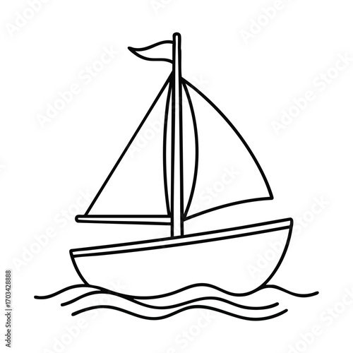 Simple black and white line drawing of a sailboat with a flag on the mast floating on wavy water lines