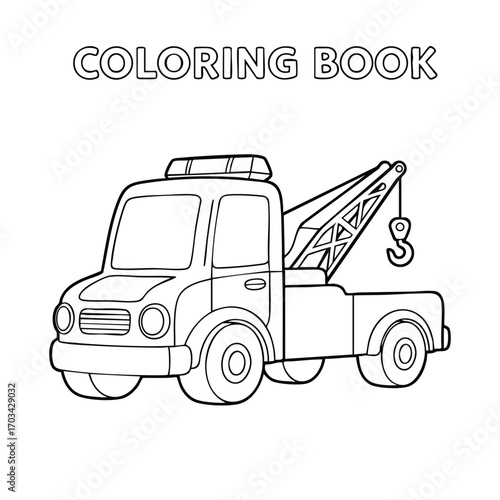 Black and white coloring book illustration of a tow truck with a hook and crane arm for vehicle recovery activities