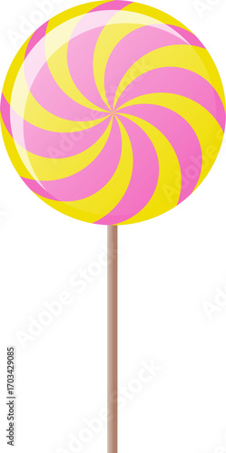 Vector illustration of a spiral lollipop, with bright pink and yellow colors. Ideal for projects on sweets, candy, childhood, parties, and minimalist design.