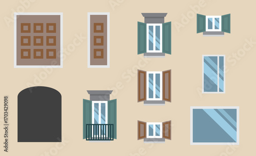 Illustration of vector elements for building facades, such as windows, doors, and balconies. Ideal for architecture, design, and urban planning projects.