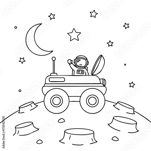 Line art illustration of an astronaut waving from a rover on a cratered moon under stars and crescent moon