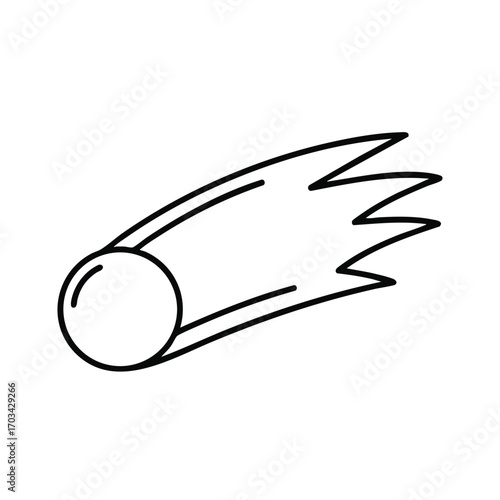 Simple black line art illustration of a comet with a round nucleus and a long trailing tail in motion