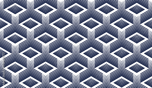 Cubes seamless pattern, abstract 3D optic background, trippy isometric linear polygon endless wallpaper, surreal effect black and white tiling pattern.